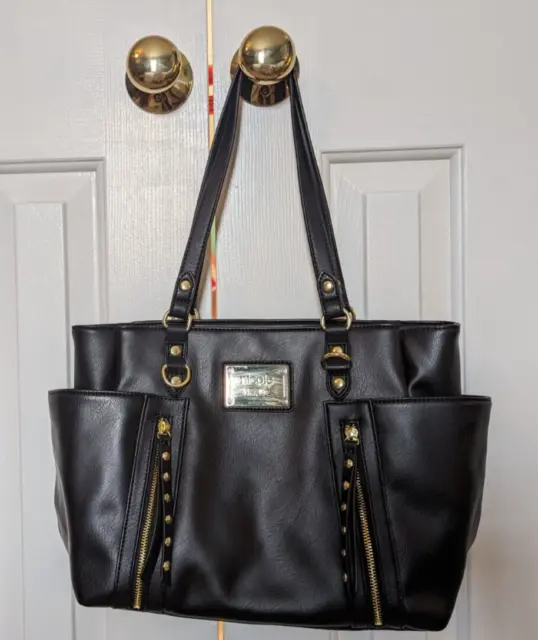 Black Nicole Miller Faux Leather Designer Purse Shoulder Bag Multi Pockets