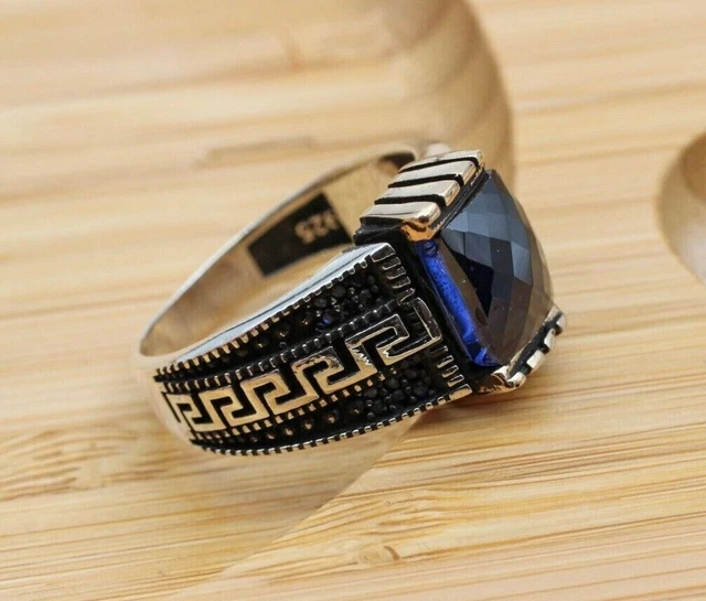 Bague pour homme en saphir faite à la main en argent sterling 925 avec...