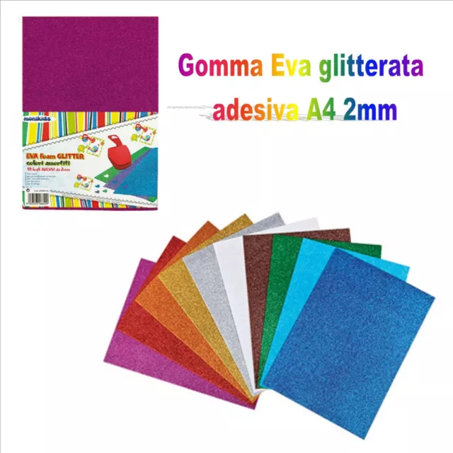 10 FOGLI GOMMA eva glitterati adesivi fommy A4 2mm mousse gummy crepla  glitter EUR 8,90 - PicClick IT
