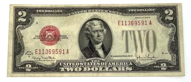 Single 1928 Series G US Legal Tender Red Seal 2 Dollar VG Grade Paper Money Note