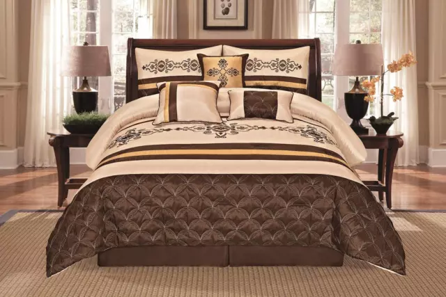 7 Pieces Complete Bedding Ensemble Beige Brown Gold Luxury Embroidery Comforter