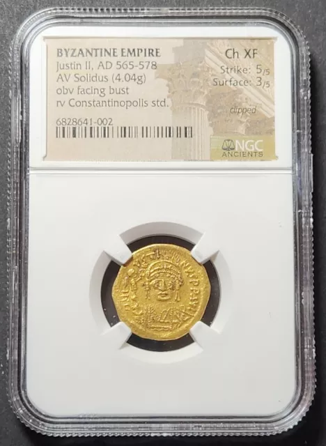 Byzantine Gold Solidus, Justin II - 565-578, NGC Choice XF