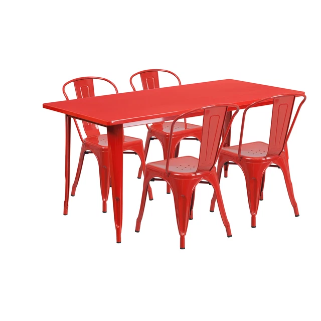 31.5inW x 63inL Rectangular Metal Table Set with 4 Bistro Chairs Red