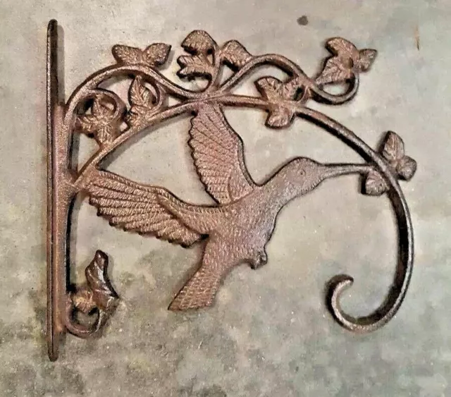Set of 2 vintage rustic brown finish Hummingbird hanger, plant hanger cast iron