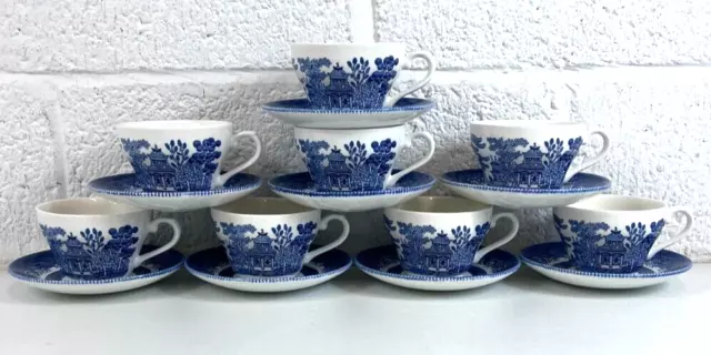 Churchill China Blue Willow Teacup and Saucer, Set of 8