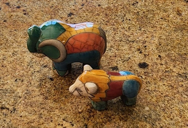 Raku Pottery Elephant and Lion Hand Painted Figurines 2