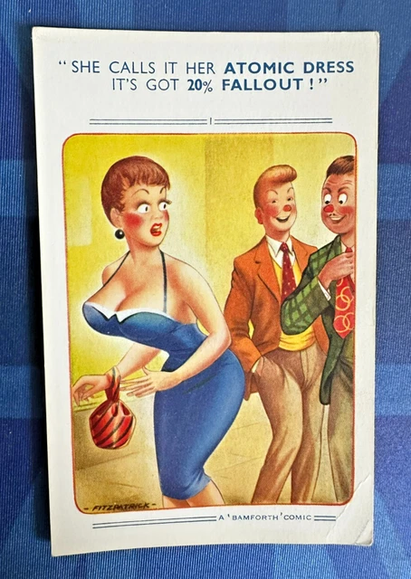 SAUCY BAMFORTH COMIC Postcard 1950s Big Boobs ATOMIC DRESS 20 FALLOUT saucy-bamforth-comic-postcard-1950s-big-boobs-atomic-dress-20-fallout