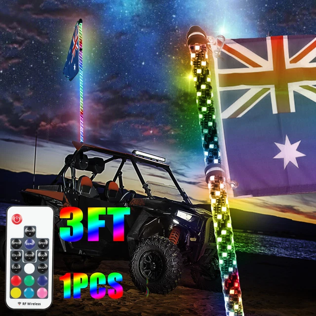 3ft Spiral RGB LED Whip Light Antenna W/AU Flag & Remote For ATV UTV Polaris RZR