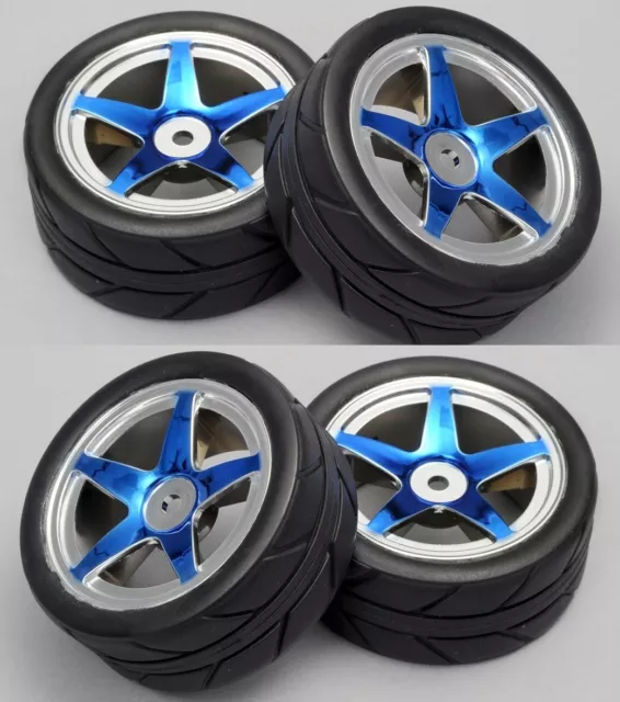 4pc Blue Chrome Wheels w/On Road Racing Tires For 1/10 Scale RC Touring Car