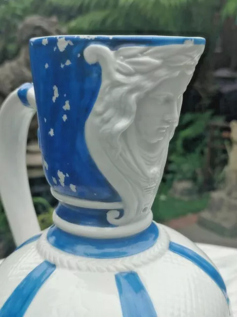 Blue & White Pottery Pitcher Jug Vase Masked Spout German Eagle Crest 14" 2