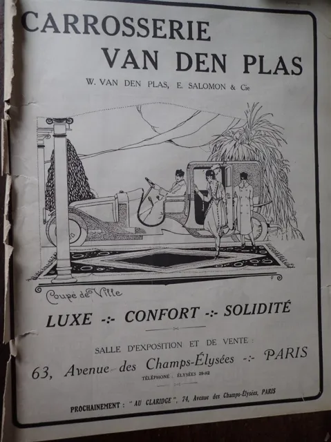 Carrosserie VAN DEN PLAS Coupé de ville publicité papier ILLUSTRATION 1919