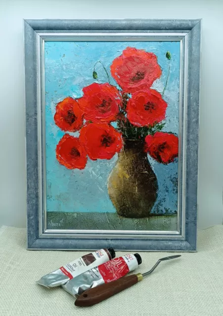 original oil painting Poppy red flowers artwork Floral still life wall art