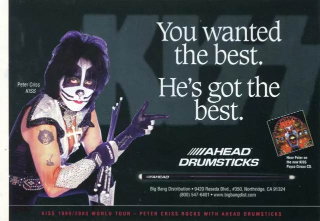 1999 small Print Ad of Ahead Drumsticks w Peter Criss of KISS Psyco Circus Tour