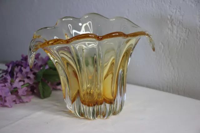 Honey Amber Art Glass Ribbed Scalloped Droop Handles Amber Heavy Vase Teleflora