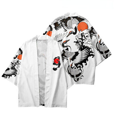 Uomo Giapponese Kimono Crane Stampa Cappotto Cardigan Aperto Davanti 3/4 Manica