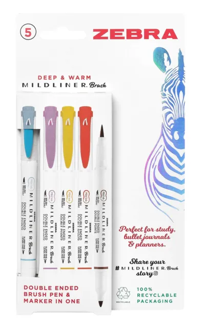 Zebra Pen Mildliner Double Ended Brush Pen, Brush Point Tips 5-Pack Multicolour,