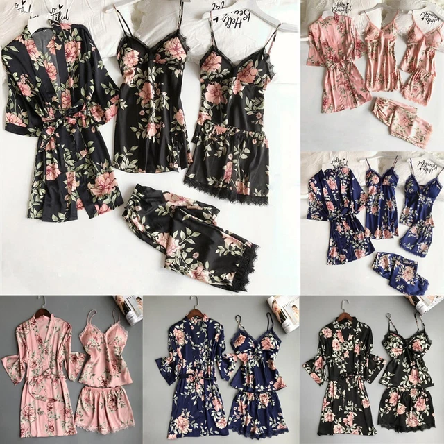 Open Bras for Women 5PC Sexy Lace Satin Robe Bathrobe Trousers Shorts Lingerie