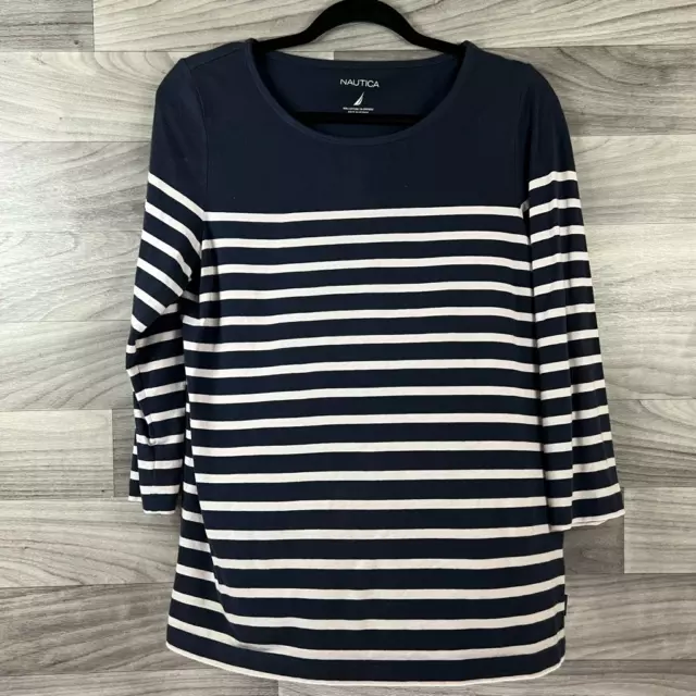 Nautica Womens Casual Top Blue White Striped 3/4 Sleeve Scoop Neck Stretch L