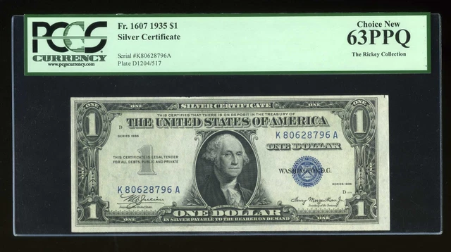 DBR 1935 $1 Silver Fr. 1607 KA Block PCGS 63 PPQ Serial K80628796A (2 of 3 cons)
