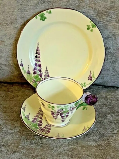 Flower Handle "Wisteria" Trio Tea Set Radfords Crown China 1915-1925 Art Deco