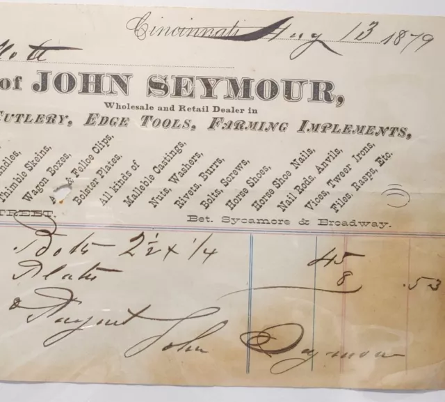 1879 John Seymour Hardware Tools Billhead Receipt Cincinnati Ohio 1800s Ephemera