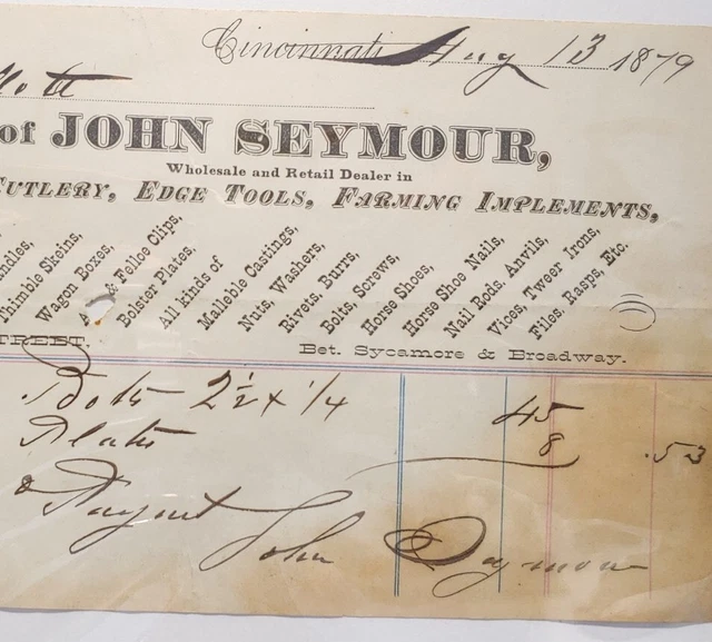 1879 John Seymour Hardware Tools Billhead Receipt Cincinnati Ohio 1800s Ephemera
