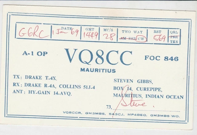Vintage QSL Radio communication card mauritius 1969 ref 18584