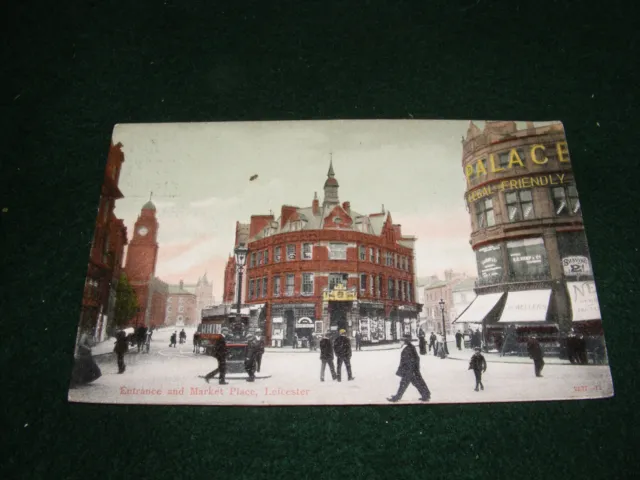 Vintage Postcard Leicester Market Place Entrance Tram Clock Tower Shops Animated