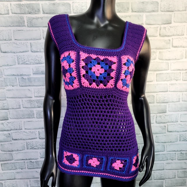 VINTAGE GRANNY SQUARE Crochet Tank Top Hippie Festival Handmade $34.95