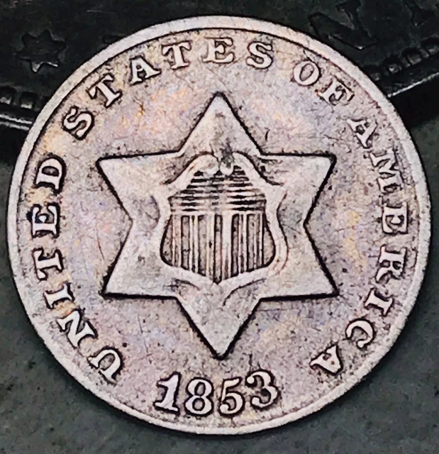 1853 Three Cent Silver Piece Trime 3c Type 1 Ungraded Choice US Coin CC16602 1853 Three Cent Silver Piece Trime 3c Type 1 Ungraded Choice US Coin CC16602