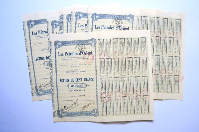 Societe Les Petroles D Orient Action De 100 Francs Paris 1926 X 9 Actions