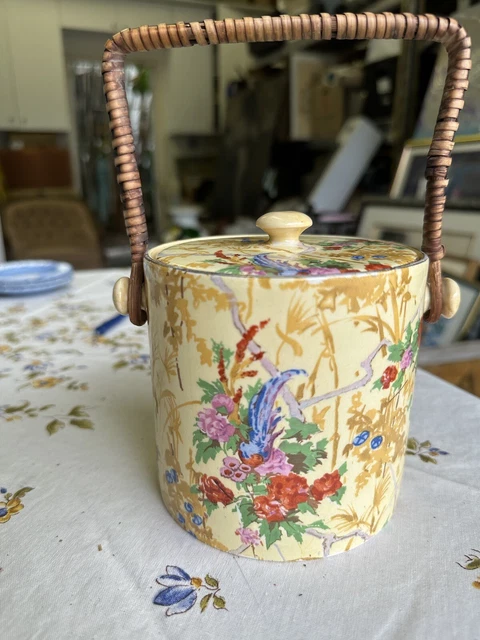 c1890 Regal Pottery POTTERY ENGLAND BISCUIT BARREL Rattan Jar Handle Majolica