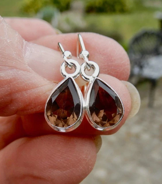 Smoky Quartz Faceted Teardrop Earrings 925 Sterling Silver Lifts Fear & Anxiety