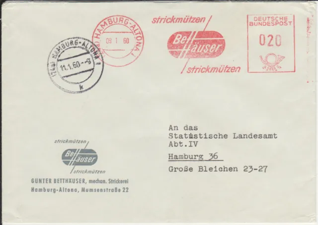 Firmenbrief mit Freistempel / AFS Hamburg-Altona, Betthäuser Strickmützen, 1960