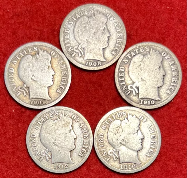 Five (5) Barber Dimes - All Different Dates - 90% Silver US Coins Lot 1892-1916