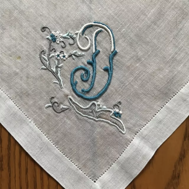 Vintage 12” White Linen Handkerchief ~ Blue Embroidered Monogram D