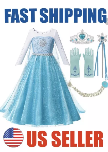 Elsa Frozen Princess Queen Dress Up Set Girls Costume US Fast Shipping