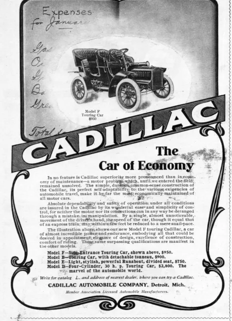1905 Cadillac Model F Touring Car Antique Print Ad Economy Bookkeeping Ledger