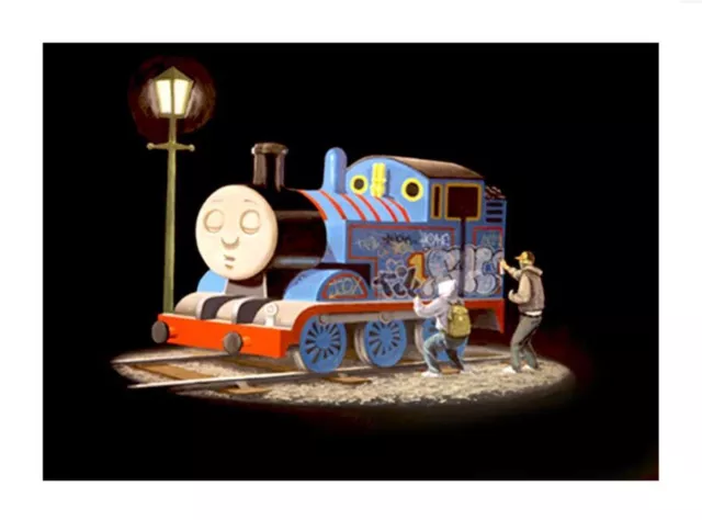 BANKSY Thomas the Tank Engine getting Tagged *FRAMED* CANVAS ART 20x16" -