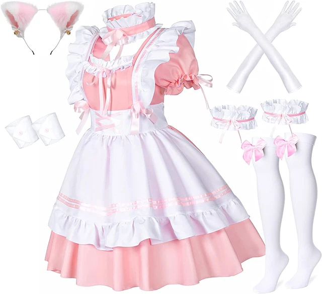 Anime French Maid Apron Lolita Fancy Dress Cosplay Costume Furry Cat Ear Gloves