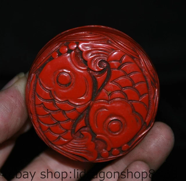 2.6 &CHINE VIEUX bois sculpté deux poissons veine mot rouge laque boîte
