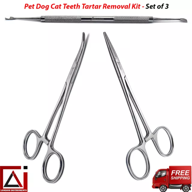 Mosquito Forceps Straight & Curved + Tartar Remover Cat Dog Grooming Set of 3 CE