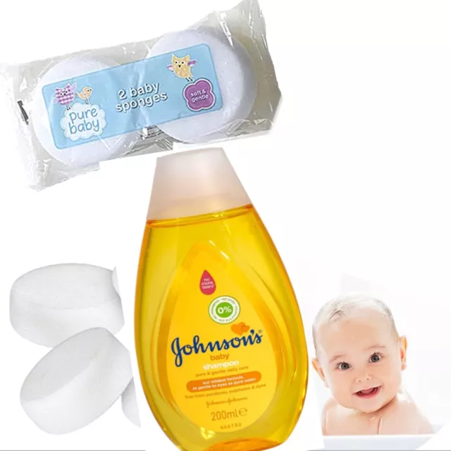 1x Johnsons Baby Shampoo Liquid 200ml and 2 baby bath body sponges soft & gentle