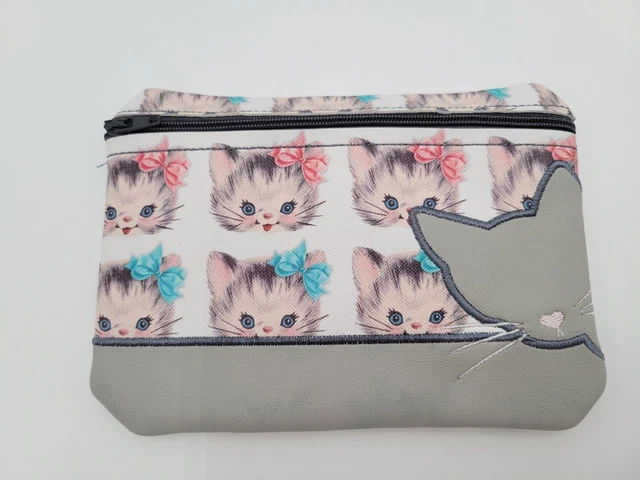 Kitty Zippered Bag Vinyl Vintage Look Pink Blue And Gray 6.5in X 5in S6