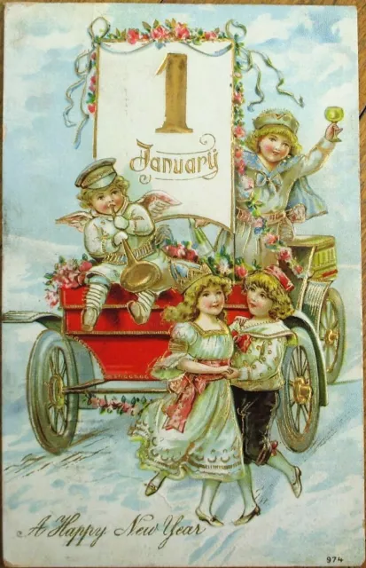 Car/Automobile & Children 1912 New Year Postcard - Embossed, Color Litho