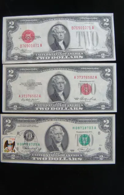 Three $2.00 Dollar Bill 1928, 1953 1976 Red Seal
