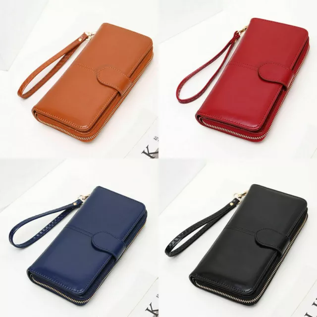 LARGE Womens Ladies Leather Look Wallet Zip Round Card Button Clutch Purse Bag 2
