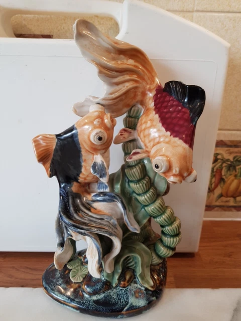 Shiwan Chinese Figurine Statue Gold Fish Koi Small chip On Fishes Fin See Photo