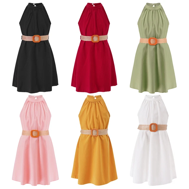 Dress Casual Girls Cold Shoulder Kids Halter Neck Casual Dress A-Line With Belt