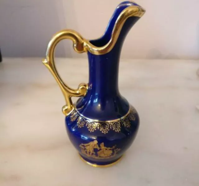 Limoges miniature porcelain La Reine Pitcher 22kt Gold Cobalt Blue